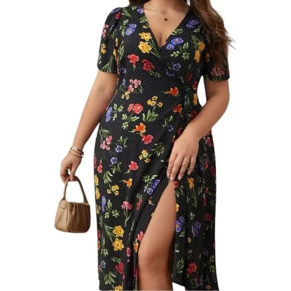 Black Wrap Dress by Shein Curve Frenchy Floral Printed Puff Sleeve Knotted 4X - Picture 1 of 13